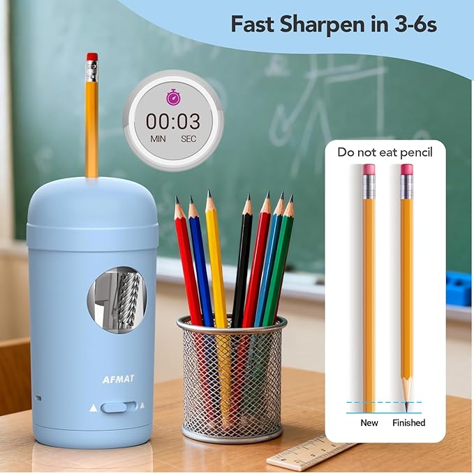 AFMAT Electric Pencil Sharpener, Fully Automatic Pencil Sharpener for 7-8mm Pencils & Colored Pencils, Auto in & Out, Rechargeable Vertical Hands-Free Sharpeners for Classroom/Home/Office PSX7(Blue)