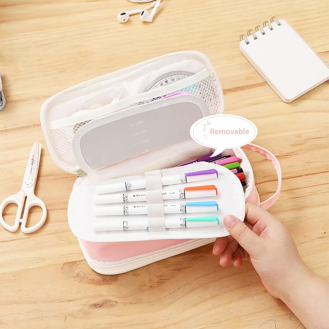 Dugio Large Pencil Bag for Girls School Organizer Pencil Case Big Pink | Teens Kids Zipper Pencil Pouch Aesthetic Pencil Box for School Supplies, Wear-resistant Fabric, Thick Multi-layer Fabric