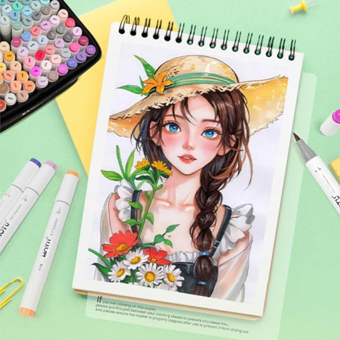 HOTU 120 Colors Alcohol Markers, Artist Dual Tip (Brush & Chisel) Sketch Pens, Professional Art Markers Set for Adult Coloring Illustration, with Coloring Cards and Non-Bleeding Pad