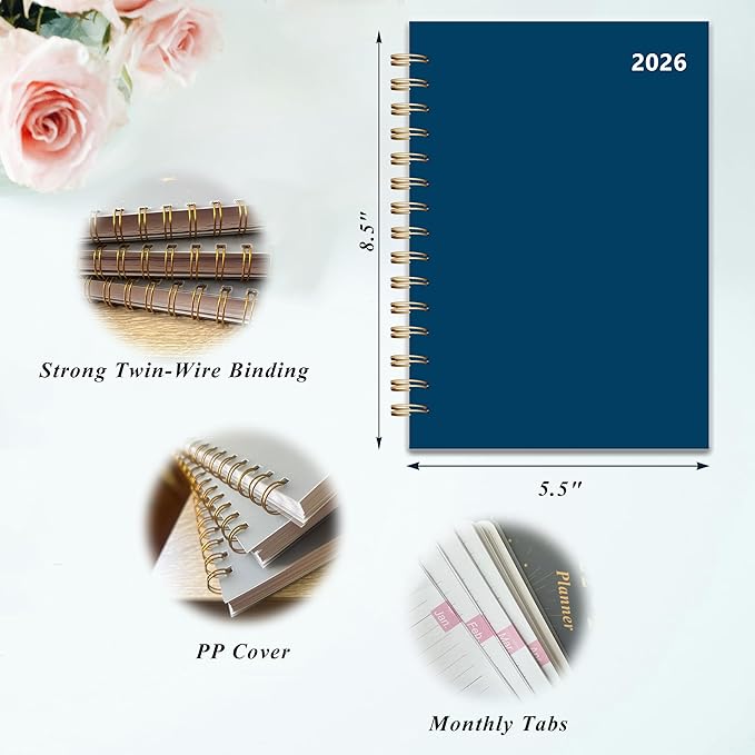 2026 Weekly and Monthly Planner, From January 2026 to December 2026, 5.5" x 8.5" Daily Planner for Productivity, Goal Setting & Time Management, Organizer for Work & School - Blue Hard Cover