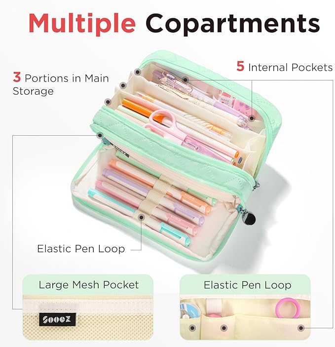 Sooez Large Pencil Case Pouch, Extra Big Pencil Bag with 8 Compartments, Pen Bag Wide Opening, Soft Quilted Pencil Pouch Organizer with Zipper, Portable Pencil Case for Teen Girls, Green