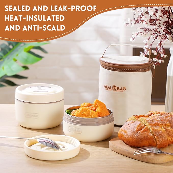 Dandat 2 Pcs Portable Insulated Lunch Containers Thermal Bento Box with Bag Fork Knife Microwavable Stainless Steel Lunch Box 15.2 oz 21 oz Separate Stackable Food Jar for Adult Men Women(Beige)