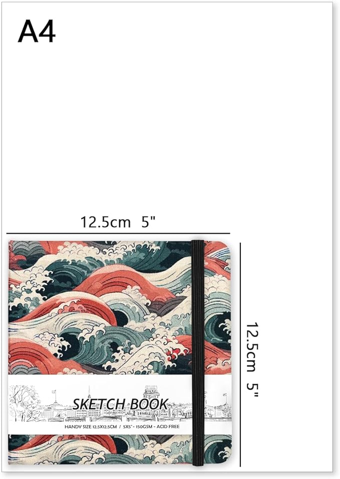 5" x 5" Hardcover Sketch Book,Small Mixed Media Sketch Pad,58 Sheets 150GSM Acid-Free Artist Drawing Paper,Travel Journal Blank Notebook for Adults Painting,Illustration,Art Supplies.Sea Wave