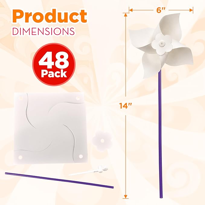 4E's Novelty 24 Pack DIY Pinwheels Craft for Kids, Bulk Summer Pinwheel Craft Kit, Color Your Own Paper Windmill for Pinwheels for Kids Bulk July 4 Craft for Kids Art Games