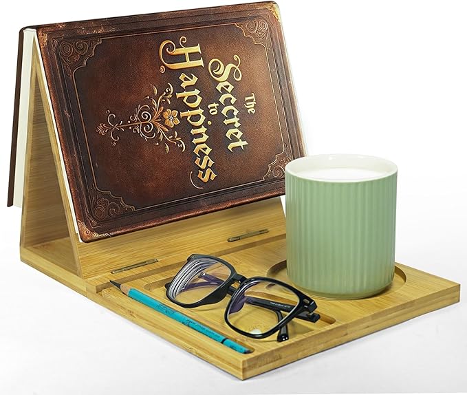 ZenRich Bamboo Wooden Book Stand Holder - Unique Book Nook Reading Valet with Cup, Glasses & Pen/Tablet/Kindle Holder. Foldable Bookmark - Ideal for Lovers