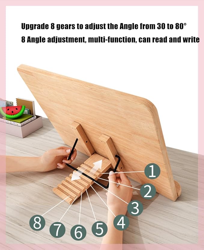 Bamboo Book Stand with Page Clips - Adjustable Holder for Cookbooks/Textbooks, Stable Lightweight Portable Reading Desk (Natural Bamboo)