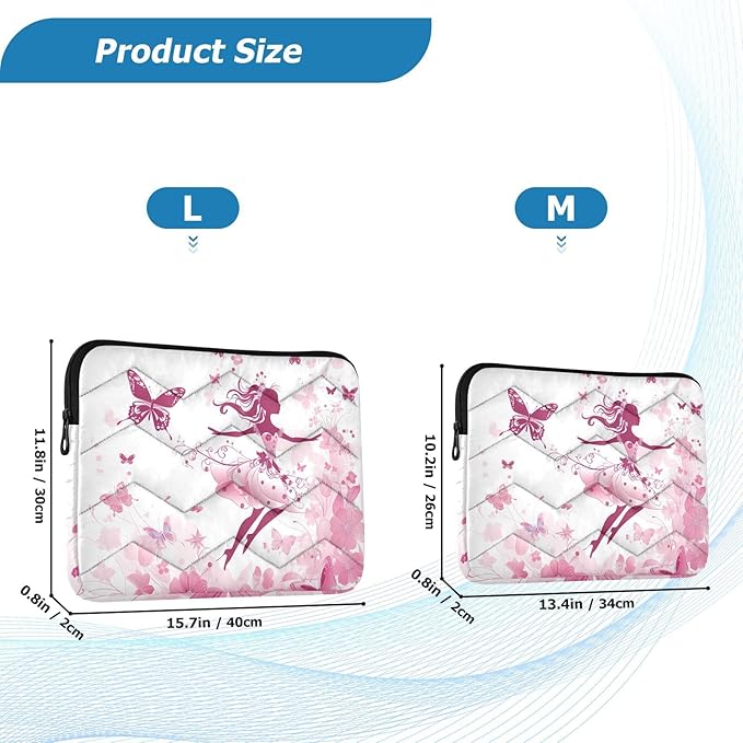 Butterfly Floral Fairy Laptop Sleeve Case Quilted Slim Bag with Smooth Zipper, Fits MacBook Pro/Air and 13-16 Inch Laptops, Protective Lightweight Office and Travel Briefcase