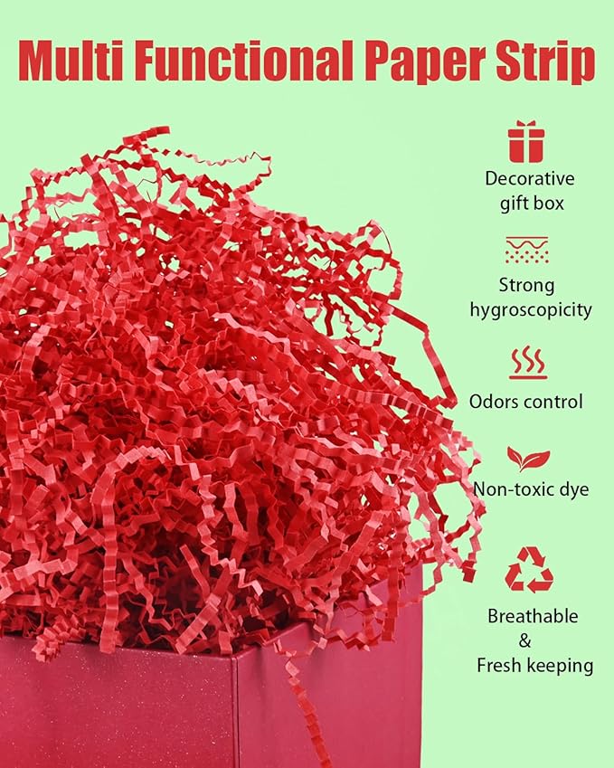 Raissily 10.5oz/300g Crinkle Cut Paper Shred Filler, Packing Grass Cushion for Valentine's Day Wedding Birthday Anniversaries Easter Mother's Day Confetti Box Bag Basket Filling Gift Decoration - Red
