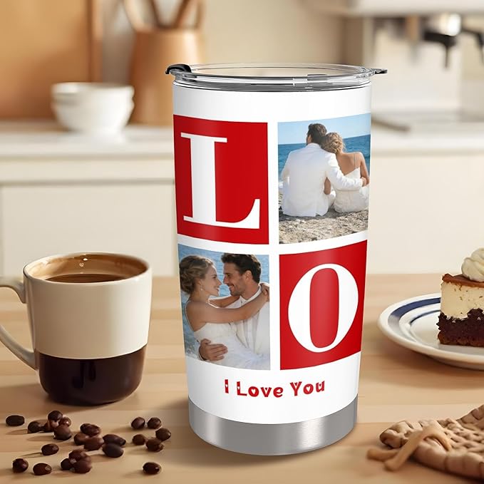 Personalized Tumbler Custom Vacuum Insulated Travel Mug Customizable Coffee Cup with Your Photos and Text Christmas Birthday Gift (LOVE-4 Photos)