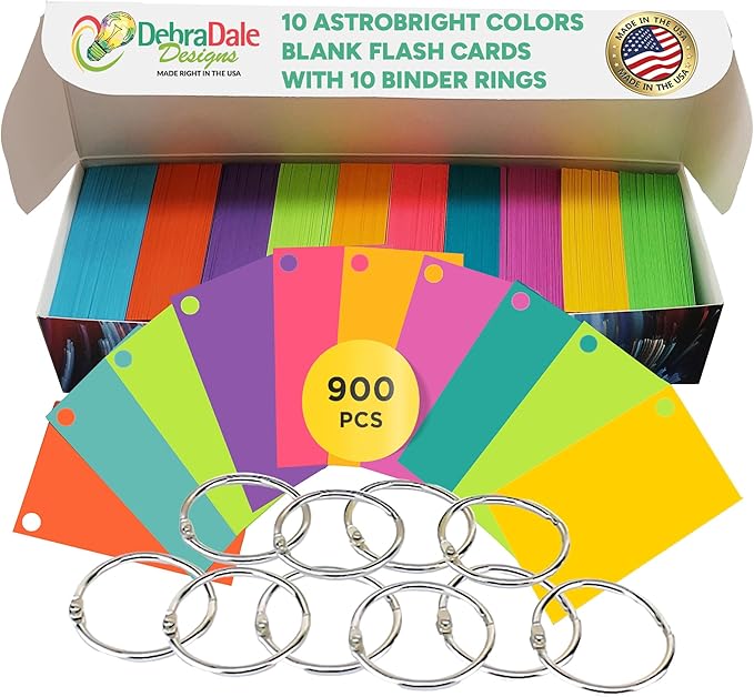 Debra Dale Designs Hole-Punched Flash Cards – 900 Multicolor Study Cards with 10 Binder Rings – 2″ x 3.5″ Durable Cardstock – Color-Coded Study & Organization Cards – USA Made