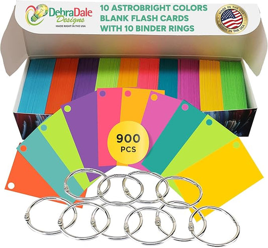 Debra Dale Designs Hole-Punched Flash Cards – 900 Multicolor Study Cards with 10 Binder Rings – 2″ x 3.5″ Durable Cardstock – Color-Coded Study & Organization Cards – USA Made
