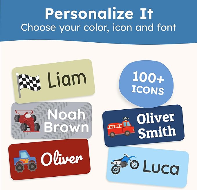 Personalized Name Labels for Kids (70 Labels) - Durable & Waterproof Custom Name Stickers for Clothing Tags, School Supplies, Camp & Daycare - Gears (1.2”x0.5”)