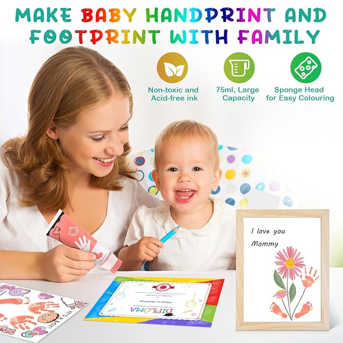 Baby Hand and Footprint Paint with Sponge Head, 2.54 fl oz, Non-Toxic & Acid-Free, Washable Baby Safe Paint for Newborn Keepsakes, Dog Nose & Paw Prints, Ideal New Mom Gift - Pink