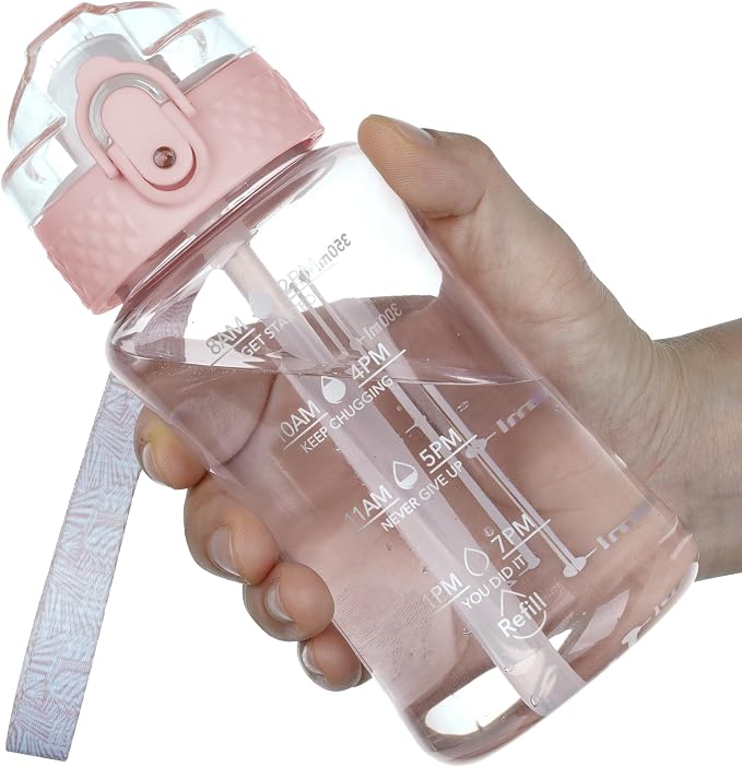 OLDLEY 12oz Kids Water Bottle, Tritan BPA-Free, Leakproof Flip Straw Lid, Motivational Time Marker, Carry Strap, Reusable Clear Water Bottle for Boys & Girls,Cherry Blossom