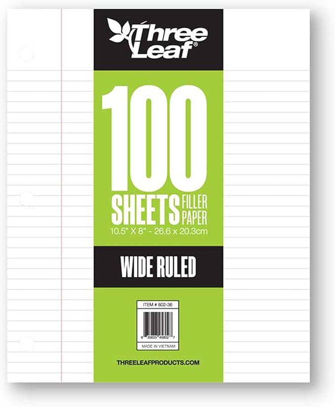 Three Leaf 100 Sheets Wide Ruled Filled Paper, 1728 Ct. (48 Cases X 36 Filler Paper), Loose-Leaf Sheets For School And Office 100 Ct. Filler Paper, Notebook Paper