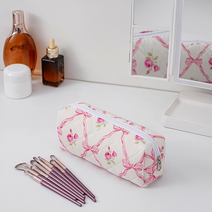 Cute Floral Cotton Makeup Brush Cosmetic Bag for Women, Travel Quilted Zipper Make Up Bag, Flowers Toiletry Organizer Case Kawaii Makeup Cosmetic Travel Cloth Pouch (Pink Bowknot+Blue Bowknot)