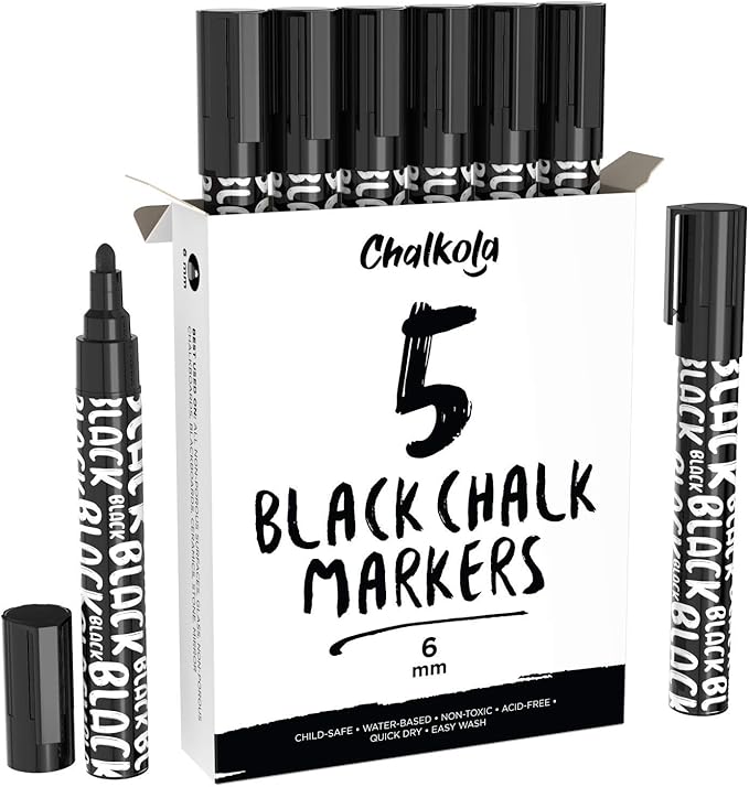 Chalkola Black Chalk Markers - Liquid Dry Erase Marker Pens for Bistro, Chalkboards Signs, Windows, Blackboard, Glass - 6mm Reversible Tip (Pack of 5)