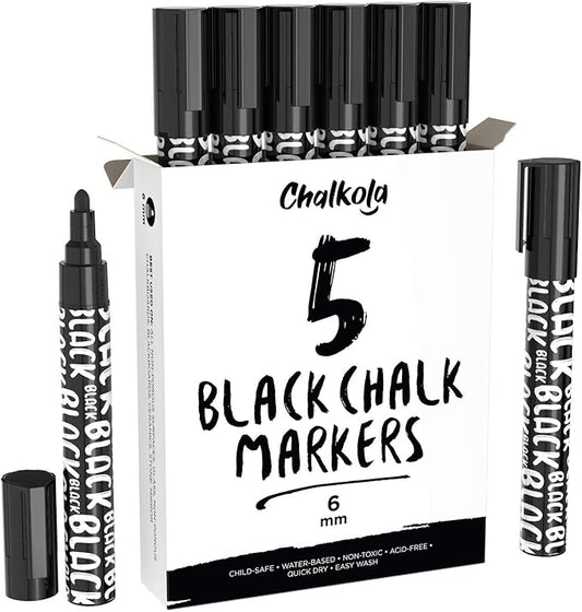 Chalkola Black Chalk Markers - Liquid Dry Erase Marker Pens for Bistro, Chalkboards Signs, Windows, Blackboard, Glass - 6mm Reversible Tip (Pack of 5)