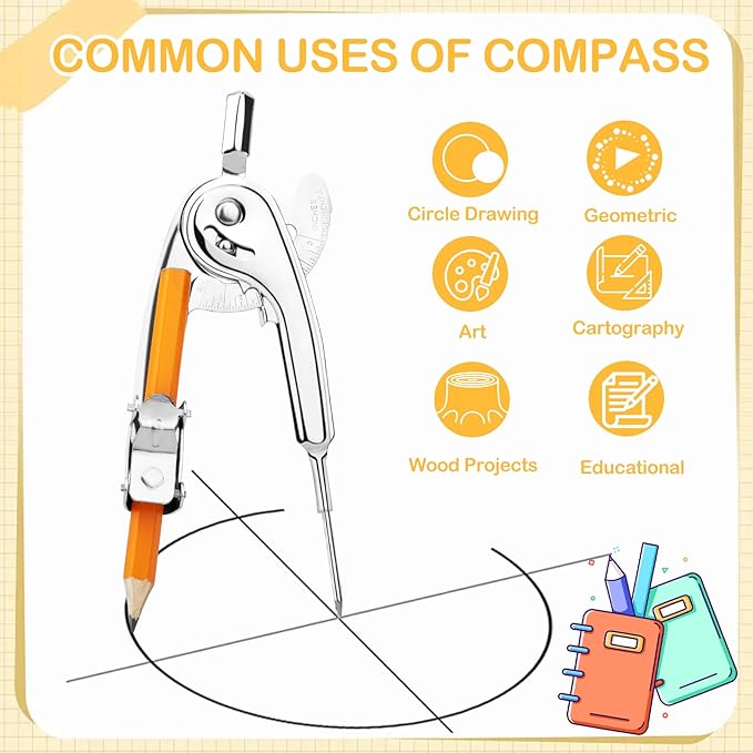 SAYAYA 8 Pieces Compass for Geometry with Pencil, Metal Geometry Drawing Tool Compass for Math Student Classroom School Office Woodworking Art Drawing