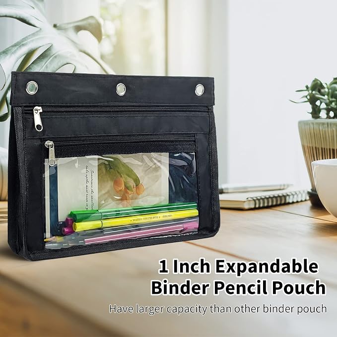 YoeeJob 2 Pack Expandable Pencil Pouches for 3 Ring Binders, Black | 1-inch expansion, 2 clear PVC pockets, 3 holes, large-capacity storage for school and office supplies.