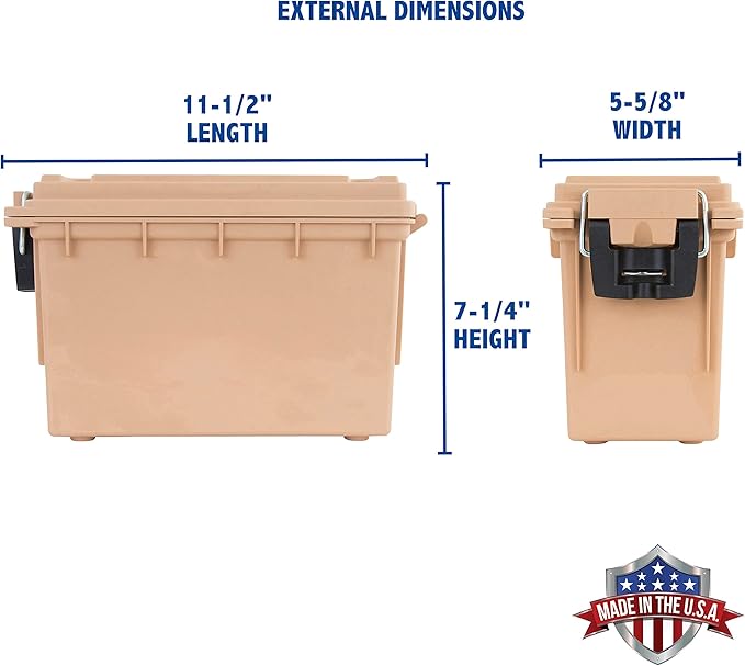 Sheffield 12627 Ammo Storage Box, Stackable .30 Cal Field Boxes, Water and Dust Resistant, Lockable Storage Box with Handle, Secures Hunting Gear, Supplies, and Bullets, Made in USA, Tan, (Pack of 6)
