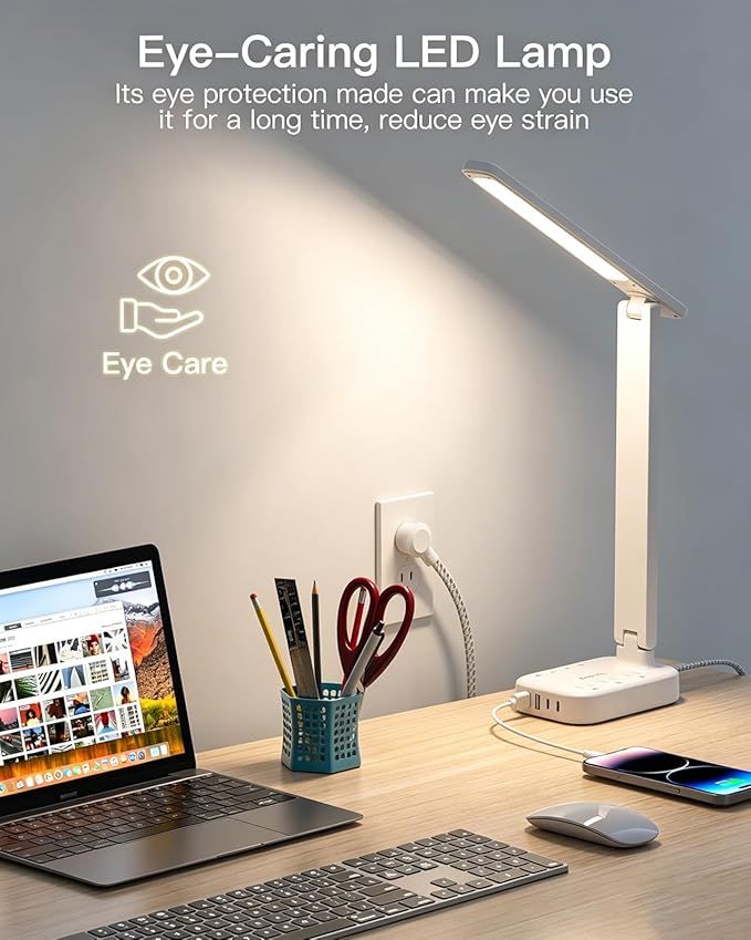 One Beat Small LED Desk Lamp Power Strip 10ft Extension Cord, 3 Outlets 4 USB Ports(2 USB C), 4 Modes, 5 Level Touch Lamp, Study Reading Light, Home Office Bedroom College Dorm Room Essentials, White