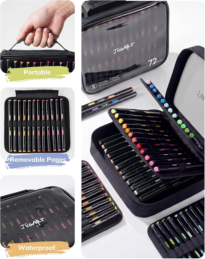 JusArt Acrylic Paint Markers 72 Colors, 36 Dual-Tip Brush Markers, No Bleed