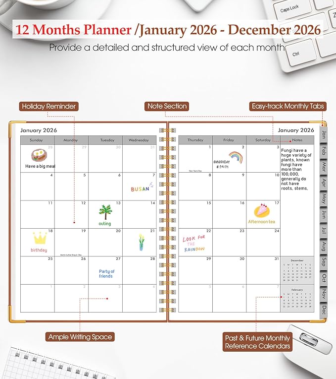 2026 Planner, Weekly and Monthly Calendar Planner from January 2026 - December 2026, 5.75" x 8.38" Hardcover Leather Hourly Appointment Book with Tabs, A5 Spiral Daily Planners for College School Work Home, Brown