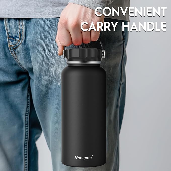 Navigate 32oz Insulated Water Bottle for Sports, Keep Cold 24H | 2-in-1 Spout and Handle Lids, Double Leak-Proof, 18/8 Stainless Steel, BPA-Free, Wide Mouth for Gym and Hiking,Black