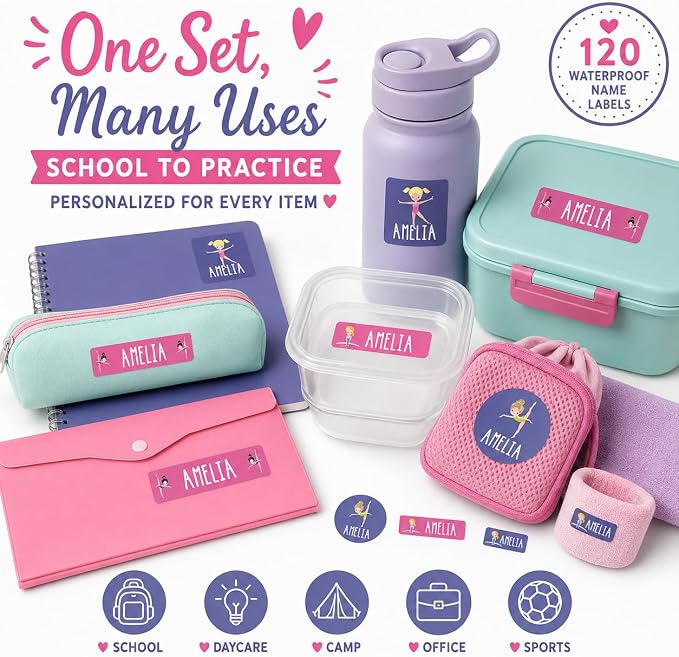 Andaz Press Custom Personalized Waterproof School Name Labels, Gymnastics, 120-Pack, Kids Labels Combo Pack, Customizable Multi-Use Name Stickers for Preschool, Daycare, Supplies, Office, Camping