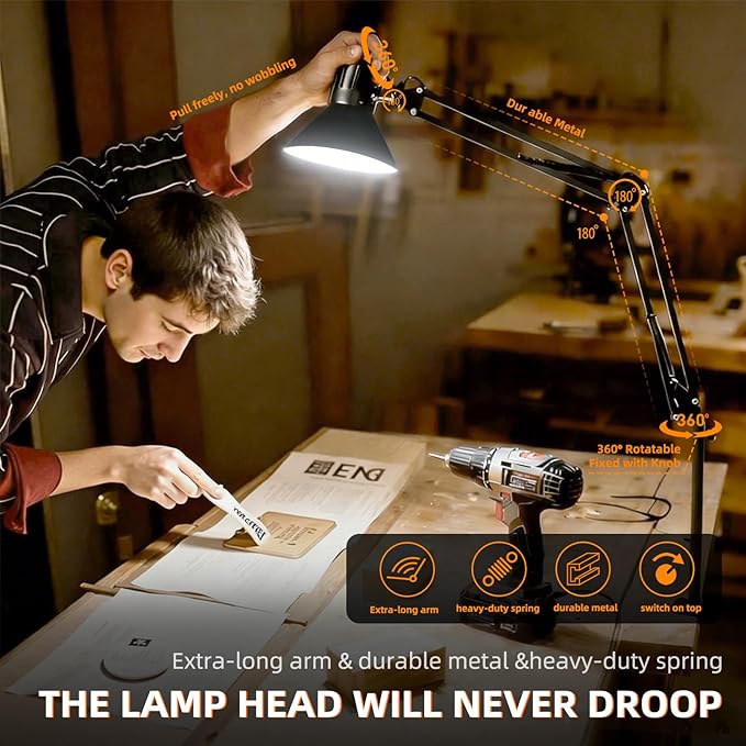 Desk Lamp With Clamp for Home Office, Eye-Caring Clip on Light with Adjustable Extra Tall Metal Swing Arm, High Intensity Clamp Lamp w/LED Bulb, Architect Task Table Lamps for Study, Workbench-B/5000k