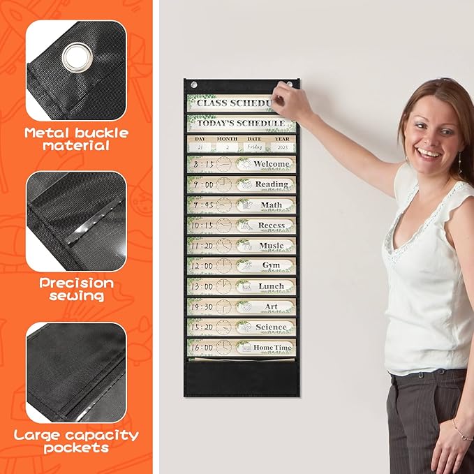 Grekos 13+1 Pocket Daily Schedule Pocket Chart, Visual Schedule for Kids,18 Double-Sided Blank Reusable Dry-Eraser Cards, Scheduling Pocket Chart for Classroom Supplies (Black)