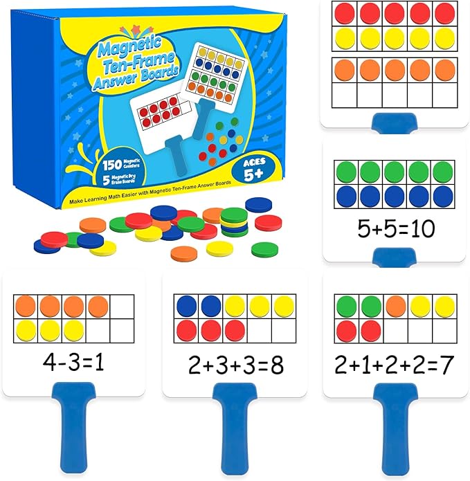 Quilinz Magnetic Ten Frame Set,5 Dry Erase Paddles & 150 Math Counters,Counting Toys for Kids,Addition and Subtraction Games,Math Manipulatives 1st Grade,Kindergarten Preschool Classroom Must Haves
