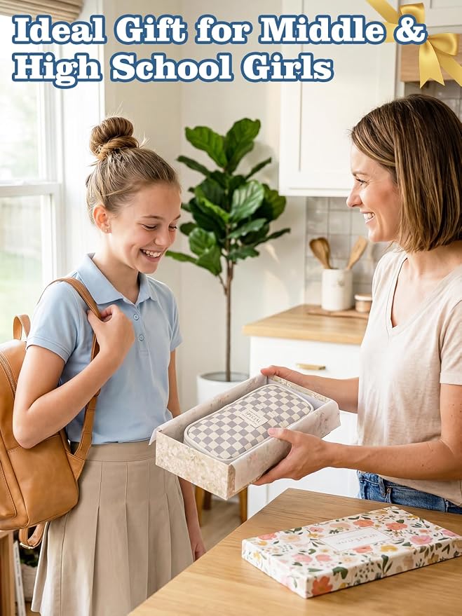 Bigmeta Gingham Expandable Pencil Case for Teens Girls - Light Gray | Zipper Gusset for Adjustable Capacity, Checkered Cute Pencil Pouch, Stationery Bag Box for Student Back to School Gifts