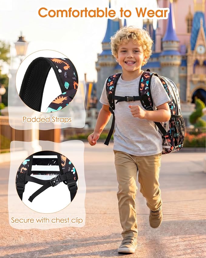 Soimeat Clear Backpack for Girls - Kids Clear Bookbag - Fabric & PVC Transparent Backpacks for Elementary School, Black Dinosaur
