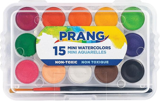 Prang Mini Watercolor Paint Set, 15 Assorted Colors and Mini Paint Brush, Small, Portable, and Travel-Friendly, Pack of 1 Set