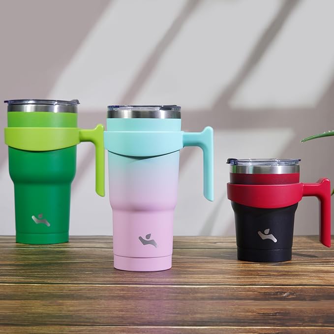 Konokyo 20 oz Tumbler with Handle and 2 Straw 2 Lid, Insulated Water Bottle Stainless Steel Vacuum Cup Reusable Travel Mug,Coral