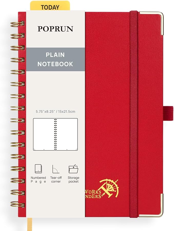 POPRUN Blank Spiral Journal Notebook, A5 Hardcover Sketch Books, 141 Pages Unlined Journals for Women Men, 120 GSM Plain Notebooks for Sketching, Drawing, Painting, 5.75'' x 8.25'', Red