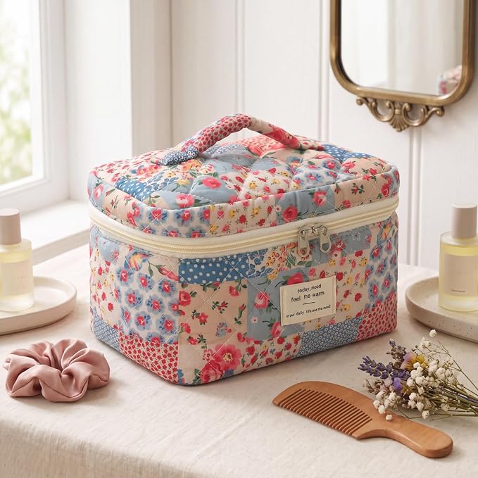 uekeboag Large Travel Quilted Makeup Bag for Women | Soft Floral Cotton Cosmetic Bag, Foldable Coquette Aesthetic Toiletry Organizer