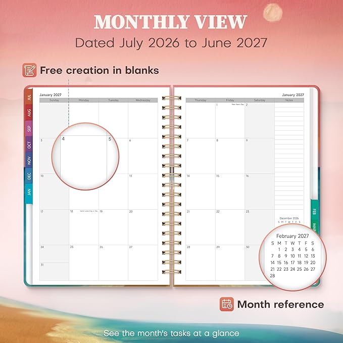Planner 2026-2027 Monthly and Weekly Academic Planner July 2026 - June 2027, Hardcover Calendar 2026-2027 Agenda Daily Planner for Student Teacher School Office Supplies, 7.4" x 10.2", Sea Sunset