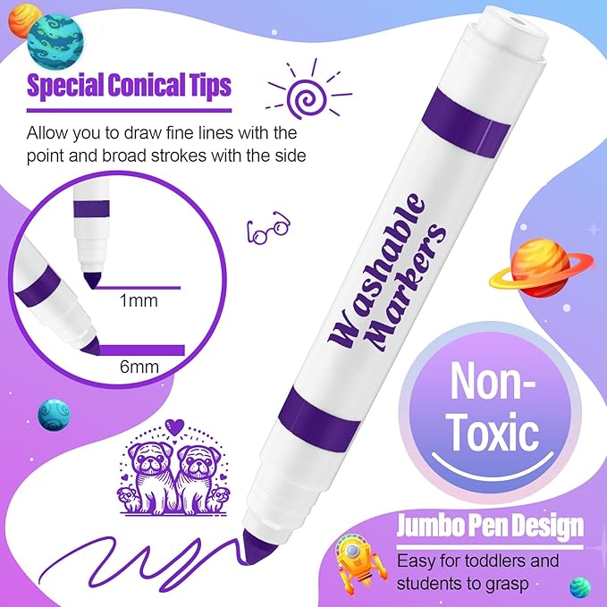 24 Pcs Washable Markers Bulk Broad Line Markers Coloring Conical Tip Large pens for Kids art projects, Teachers, Students, Toddlers, Party Favors, Classrooms, Donations(Purple)