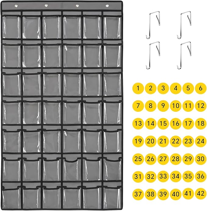 SAVERHO 42 Pocket Classroom Pocket Chart for Cell Phones and Calculator,Clear Cellphone Pocket Chart for Classroom with Number Sticker and hooks (Grey-42 Pockets)