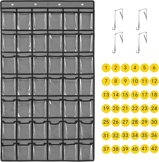 SAVERHO 42 Pocket Classroom Pocket Chart for Cell Phones and Calculator,Clear Cellphone Pocket Chart for Classroom with Number Sticker and hooks (Grey-42 Pockets)