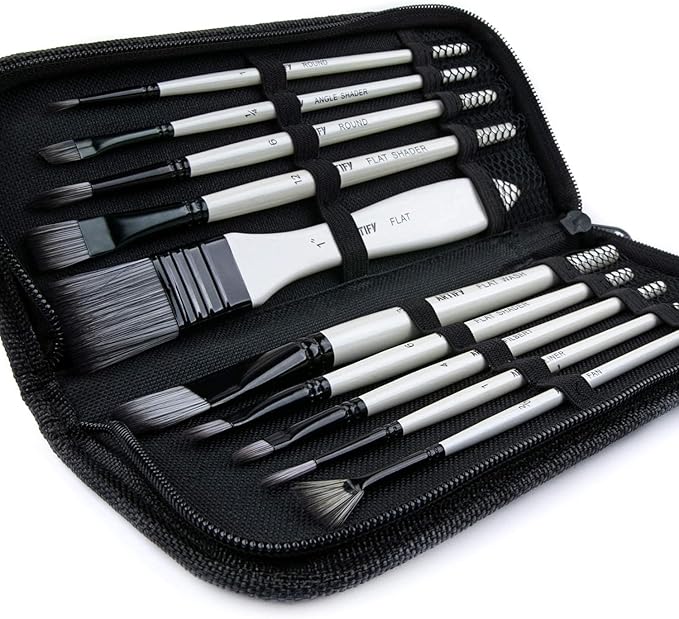 ARTIFY Paint Brush Set, 10 Pieces Paint Brushes for Acrylic Painting with case, Nylon Hair Brushes for Acrylic, Watercolor, Oil and Gouache Painting, White