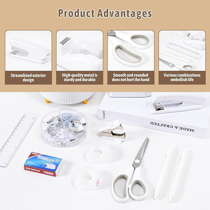 Gawsey Desk Organizers and Accessories Set with 360-Degree Rotating Pen Holder, Tape Dispenser, Stapler, Staple Remover, 1000 Staples, Tape, Clips Set, Ruler, Scissor, Pen (White)
