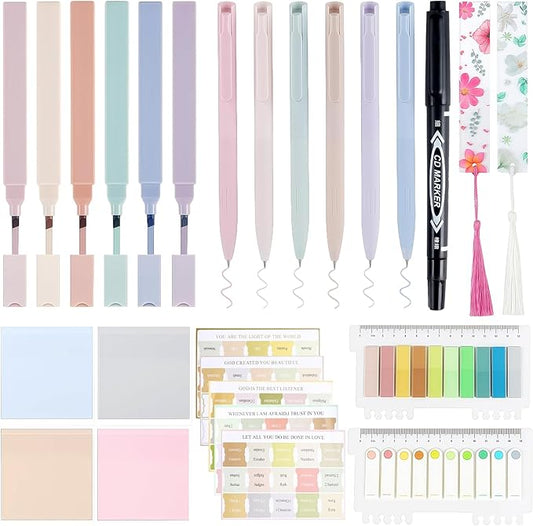 26Pcs Bible Study Supplies Journal Kit Aesthetic Pastel Highlights Pens Tabs Bookmarks for Women Teens School Accessories Cute Colorful Bible Highlighters Pens No Bleed Sticky Notes Index Maskers