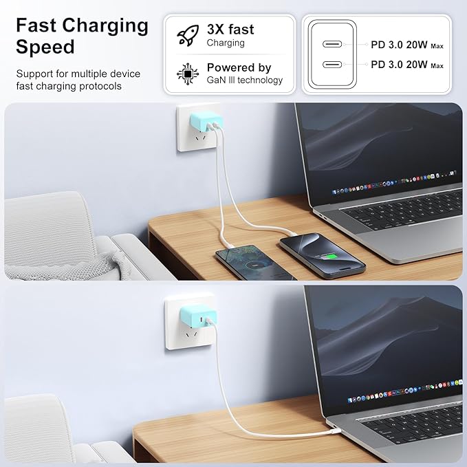 Susnwere 40W Dual USB C Charger Block,2-Port Fast USB-C Power Adapter Wall Charger Plug Type C Charging Block for Laptop Computer & Tablets/Phones iPhone 15/14/13/12/11/X, iPad,Samsung,Google 2pack