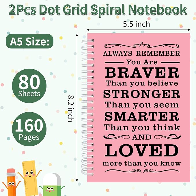 JOHSBYD 2Pcs Spiral Dotted Notebook,Inspirational Gifts A5 Dot Grid