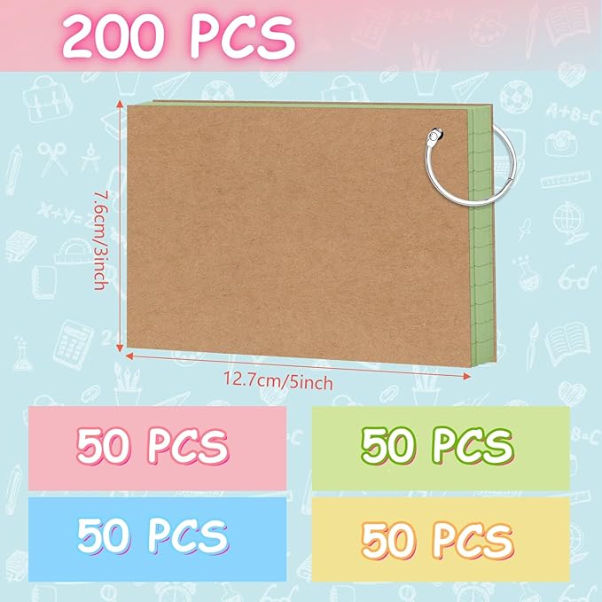 200 Count Colored Index Cards 3x5 Inch，Flashcards with Ring 4 Color，Heavy Weight Lined Ruled Note Cards for Studying, Office, School and Home