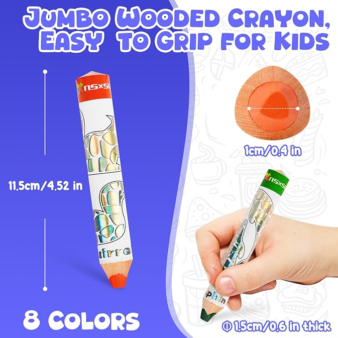nsxsu Wooden 3 in 1 Jumbo Colored Pencils for Toddlers & Kids, Chunky Washable Crayons, Fat Triangular Coloring Pencil with Sharpener, Easter Basket Stuffers, Easy-Grip Birthday Party Favor